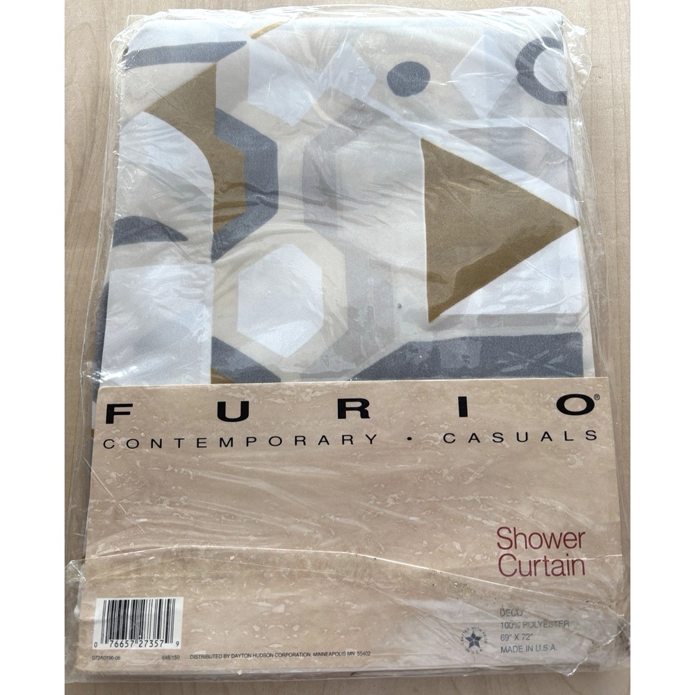 Vtg Furio Shower Curtain NIP Deco Geometric Print Gray Brown White Polyester